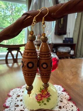 Handcrafted Brown Wood Bead Drop Earrings - Gold Accents